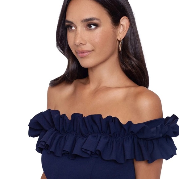 NWT XSCAPE Prom
Long Crepe Over-the-Shoulder
Ruffle Gown - Picture 3 of 3